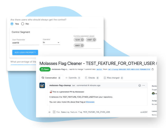 An example of how you can use Molasses to target specific users or user types for A/B Testing and an example of a code clean up pr